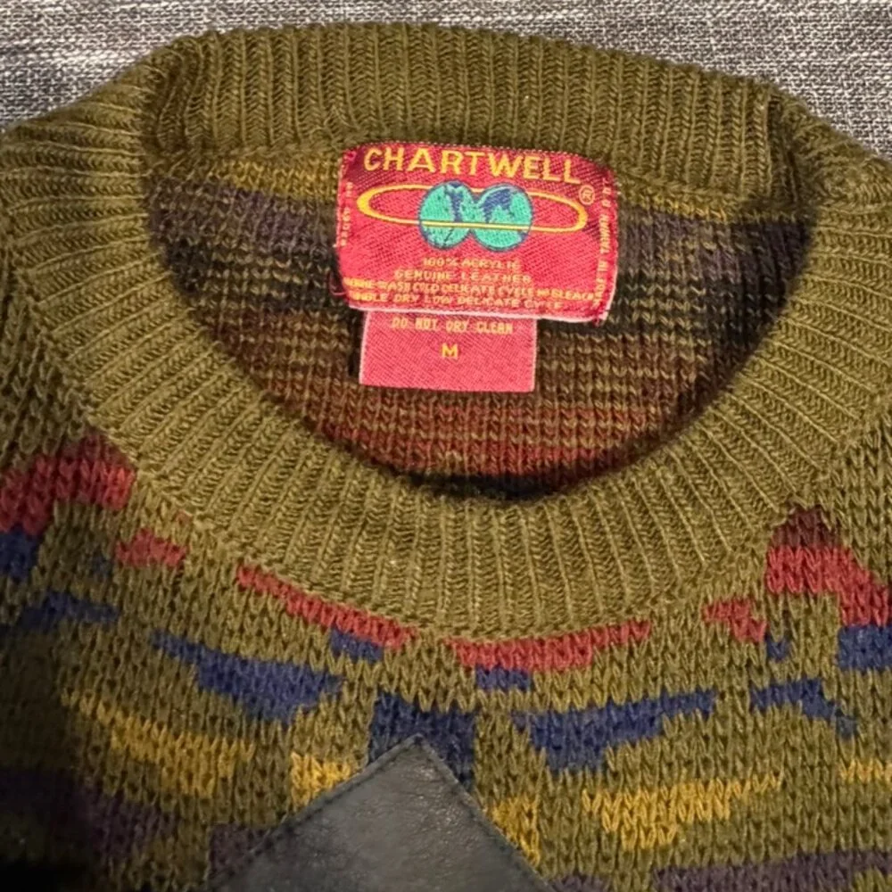Vintage Gold Chartwell Sweater – Men’s Medium – Geometric Knit Leather Squares